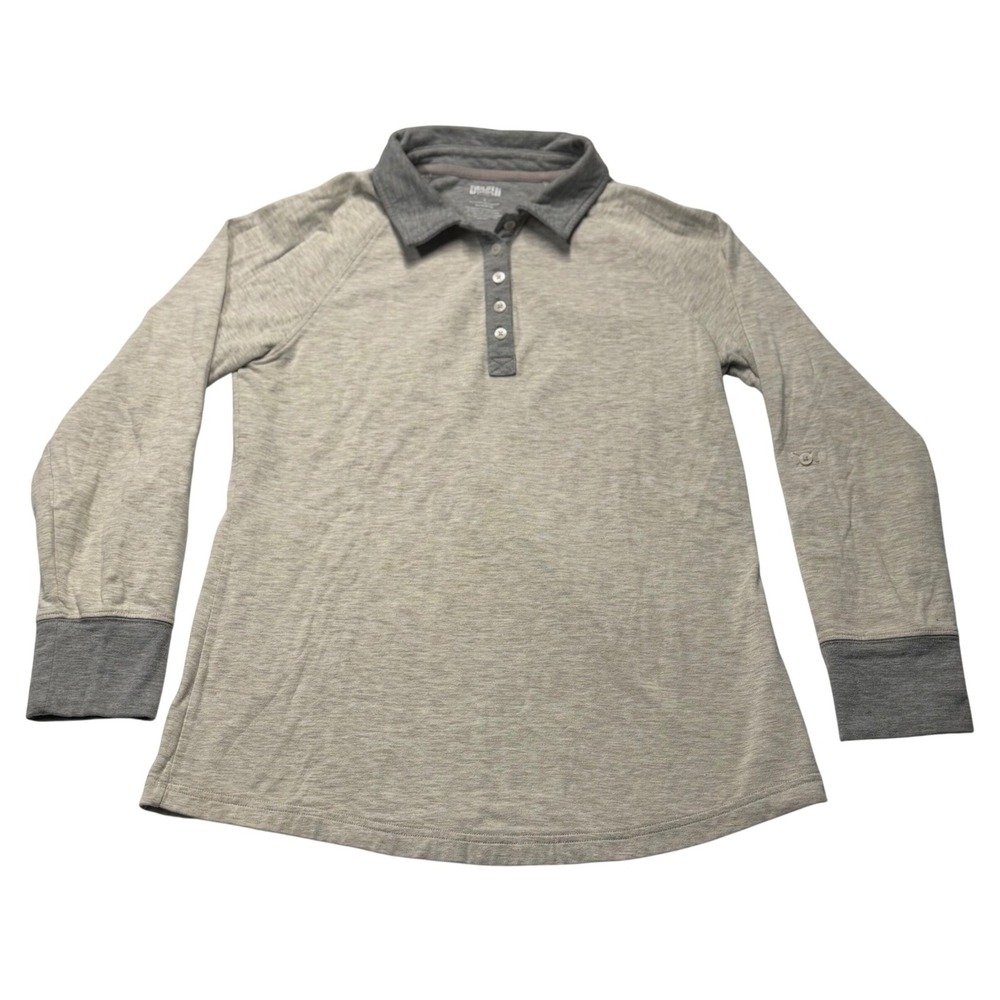 Duluth Trading Co Womens Polo Shirt Gray Heather Roll Tab Long Sleeve Large